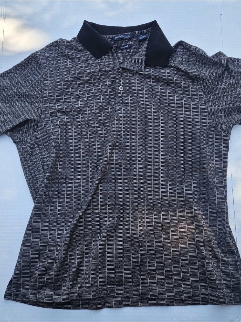 PGA Tour Large Mercerized Men’s Golf Polo Black Gray Plaid Check Short Sleeve